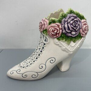 Vintage Victorian Ceramic Boot Shoe Planter Vase Floral Colorful White
